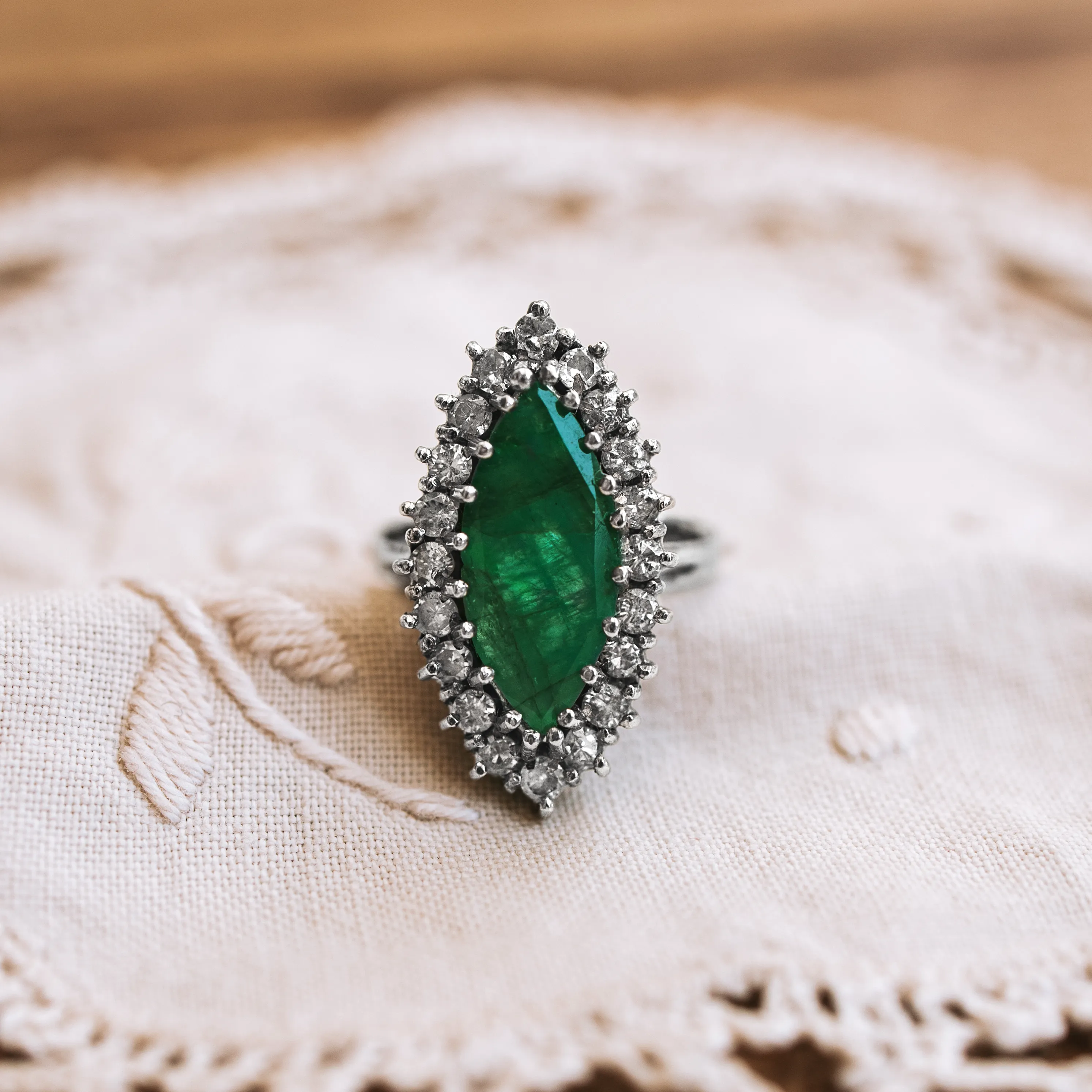 S3605 - Marquise-cut emerald halo ring 1 S3605 - Marquise-cut emerald halo ring